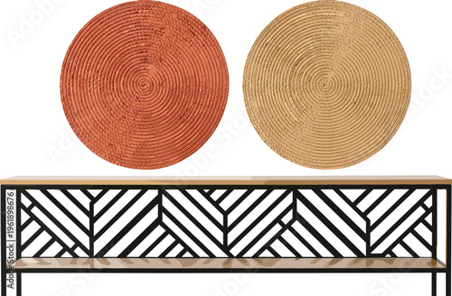 Modern minimalist living room furniture vector illustration featuring industrial console table with geometric black metal patterns and circular textured wall art decor.