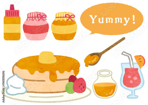 かわいいパンケーキとジャムとイラストアイコンセット