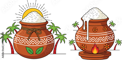 Traditional Rice Pot Illustration Set with Palm Trees, Sun, and Decorative Patterns, Featuring Boiling Rice in Earthenware