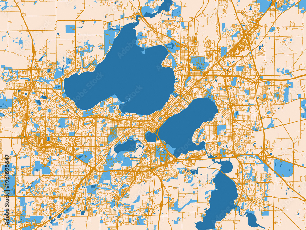 Naklejka premium City map poster of Madison, Wisconsin – cream map with golden roads