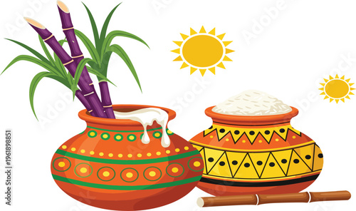 Traditional Rice Pot with Rice, Sugarcane Sticks, and Decorative Patterns, Featuring Bright Sun Illustration