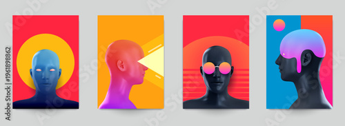 Set of abstract background for fashion banner, cover, card, poster in pop art style. Modern surrealistic collage with silhouettes human head. Minimalistic bright vector illustration.