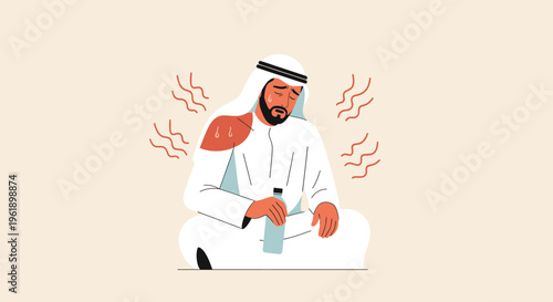 Modern Flat Vector Illustration of a Middle Eastern Man Suffering from Heatstroke and Dehydration Holding a Water Bottle in Extreme Heat for Health and Safety Branding