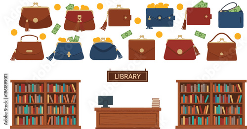 Vector Illustration Set Featuring Stylish Handbags with Money, Bookshelves, and a Library Desk with Books and Computer