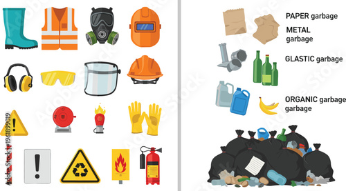 Vector Set of Work Safety Gear, Warning Signs, and Different Types of Garbage Bins for Paper, Metal, Plastic, and Organic Waste