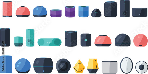 Smart home devices and speakers collection with modern gadgets, voice assistants and wireless technology vector illustration set