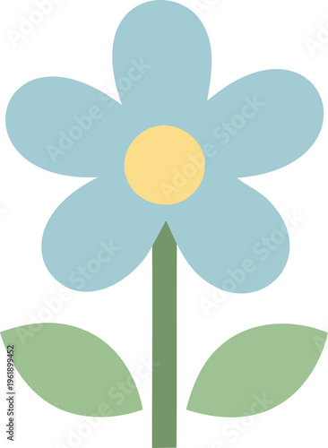 Simple light blue flower illustration with green stem and leaves. Flat design floral element on transparent background