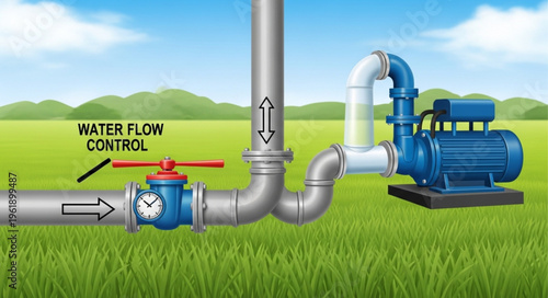 Water Pump System Illustration with Flow Control Valve and Piping.