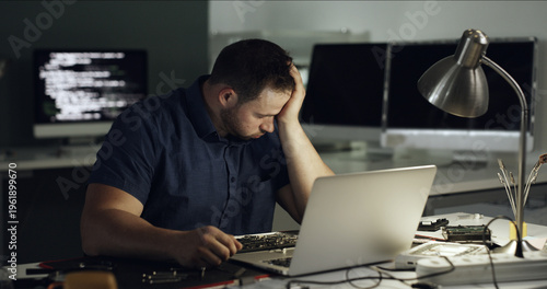 Tableau sur toile Stress, man and programming with laptop at office for coding error, data loss and software crash