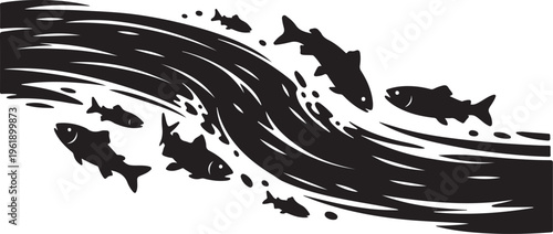 School of Fish Swimming in Ocean Wave Silhouette