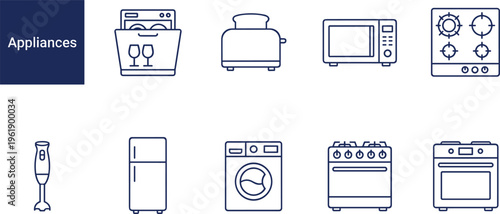 Minimalist vector icon set of nine dark blue line icons for home appliances including dishwasher refrigerator and stove.
