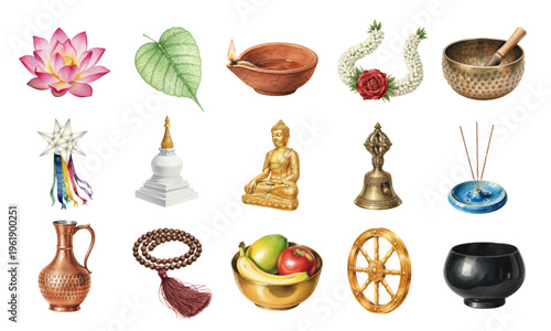 Vesak Day Buddhist religious ritual symbols set
