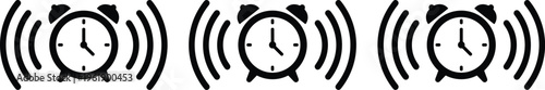 Alarm clock ringing icons set, wake up notification symbols with sound waves, time alert and reminder concept vector illustration