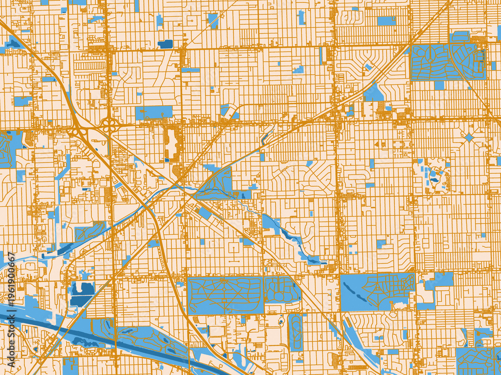 Fototapeta premium Street network map of Oak Lawn, Illinois, light cream and blue contrast
