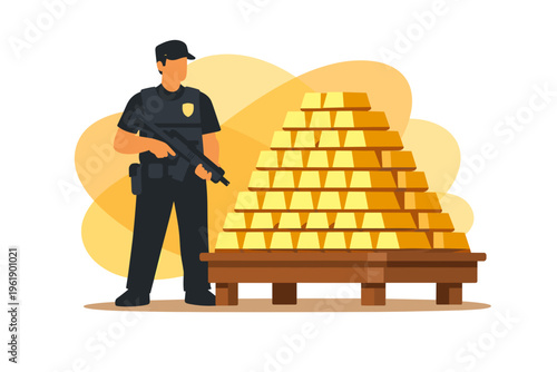 Security Guard Protects Large Stack of Gold Bars.
