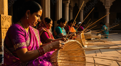 group of happy Indian women skillfully weaving baskets by hand