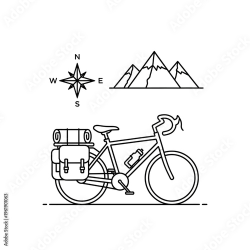Minimalist Bikepacking Line Art Illustration with Adventure Bicycle, Compass, and Mountains
