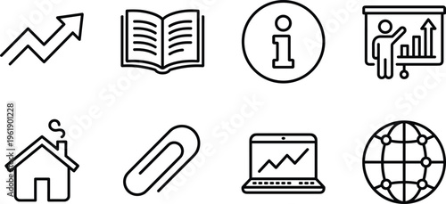 Business analytics and education line icons, growth chart book info presentation home laptop globe symbols, modern outline UI vector set
