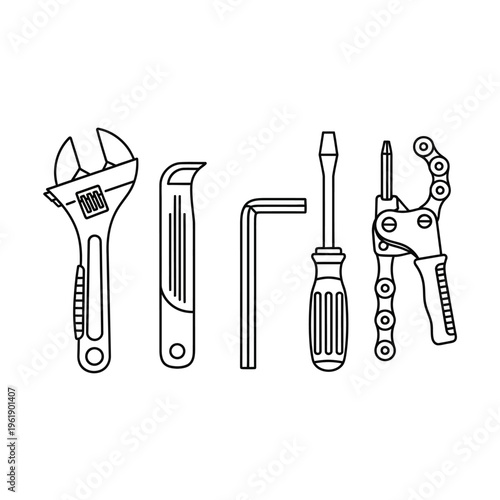 Minimalist Line Art Illustration of Bicycle Repair Tools and Maintenance Equipment Set