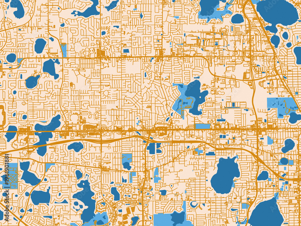 Naklejka premium Urban map poster of Pine Hills, Florida – cream map with golden roads