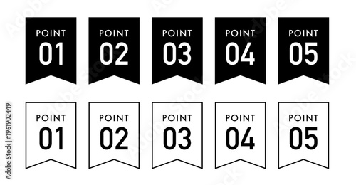 下向きカットフラッグ番号ラベル（01〜05・モノクロUIパーツ素材）