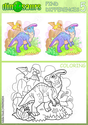 prehistoric funny dinosaur coloring book, find five differences
