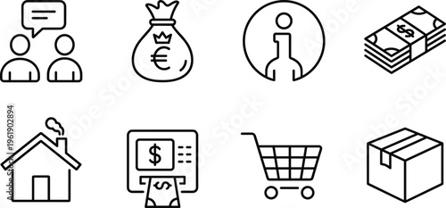 Business finance ecommerce icons, communication money user cash home ATM shopping cart package symbols, modern line UI vector illustration set