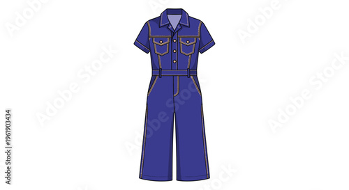 Fashionable blue denim jumpsuit featuring short sleeves, a belted waist, and practical utility pockets, offering a contemporary casual style.
