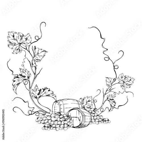 Wine wreath frame with cellar wooden barrels, grapevine branching tendrils with grape clusters, leaves. Ink vector hand drawn illustration. Autumn and Thanksgiving designs, rustic holiday packaging