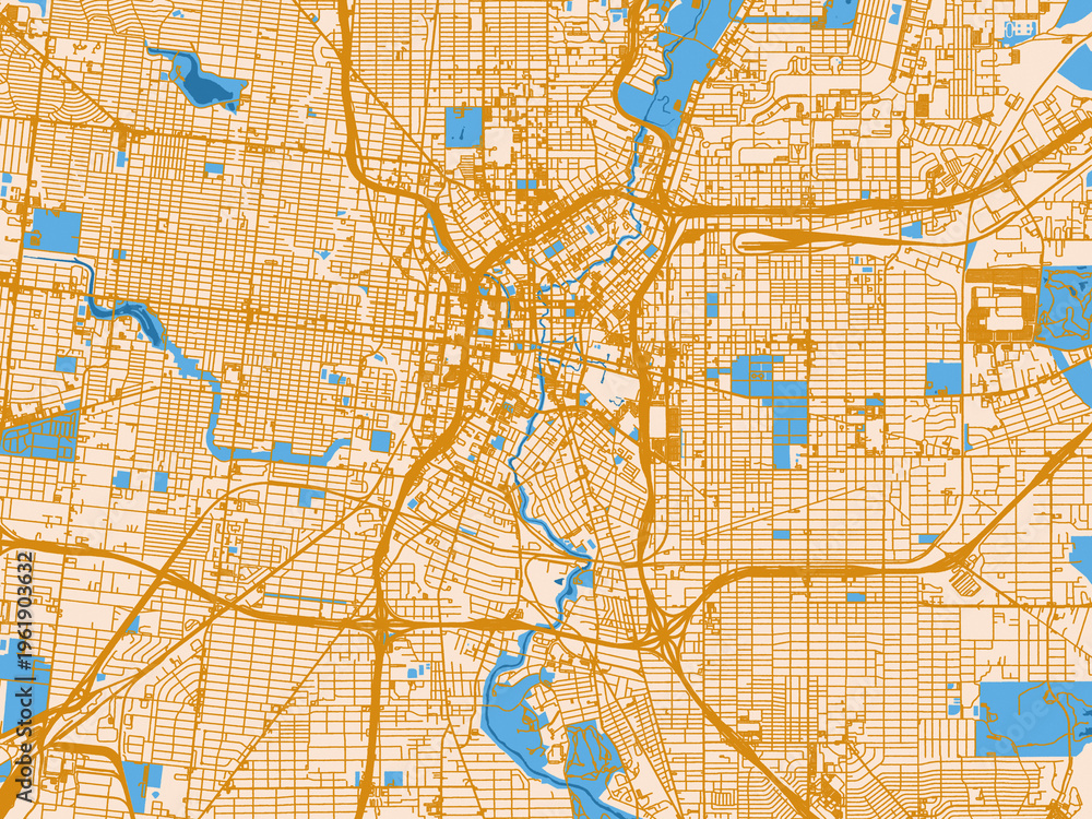 Obraz premium Urban map poster of San Antonio Center, Texas with light cream city field with mustard-gold linework and vivid blue lakes, rivers and waterways