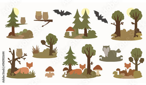 Vector Illustration Collection of Nocturnal Forest Life, Wildlife with Owls Bats Foxes Fireflies, Seasonal Changes, Medicinal Plants, Aquatic Habitats, and Fantasy Woodland Creatures for Kids and Eco 