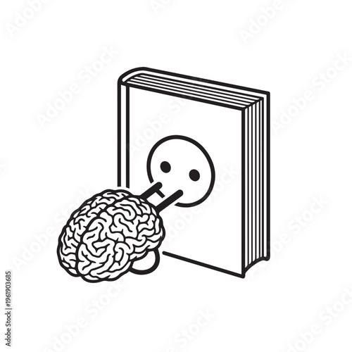 Conceptual vector illustration of a human brain plugged into a book, knowledge and education power icon