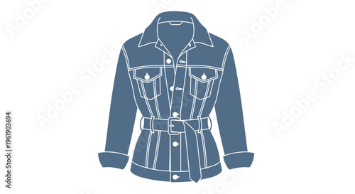 Chic belted denim jacket with prominent front buttons, chest pockets, and a classic collar, creating a versatile and fashionable outerwear piece.