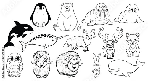Collection of arctic animals hand drawn in cartoon style isolated on white background.
