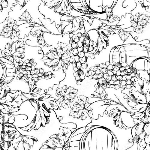Seamless pattern with wooden barrel casks among grape berry clusters on leafy vines with tendril curls. Ink vector illustration. Wine cellar decorative panels, cafe restaurant tasting room interiors