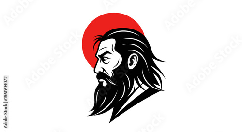 Illustration of a bearded man with long hair under a red sun 