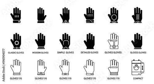 Collection of glove icons: different types, styles, and designs for protection and fashion