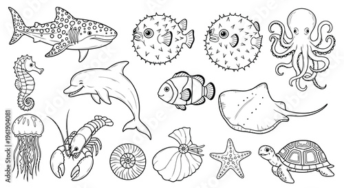 Set of marine animals line art icons featuring shark puffer fish octopus seahorse dolphin jellyfish and ray.