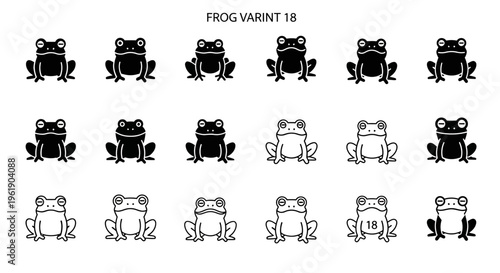 Collection of Frog Icons: Black and White Variants, Cartoon Style