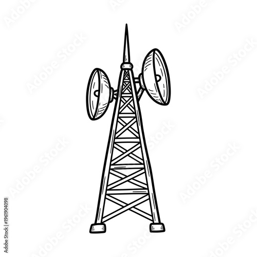 Line art illustration of a communication tower, featuring multiple signal antennas for wireless communication, representing modern network infrastructure and global connectivity solutions