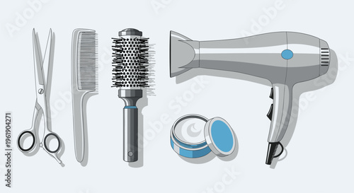 Comprehensive collection of hairdressing tools and products, including scissors, combs, brushes, hairdryer, and cream jar, for professional use.