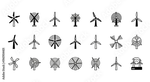 Wind Turbine Icons Set: Clean Energy, Renewable Power Generation Technology