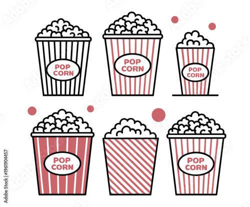 Six popcorn buckets with red and white stripes and text labels in a flat style on a white background