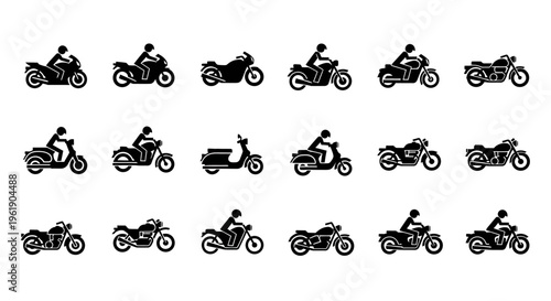 Motorcycle and Scooter Icons: Diverse Collection of Two-Wheeled Vehicle Silhouettes