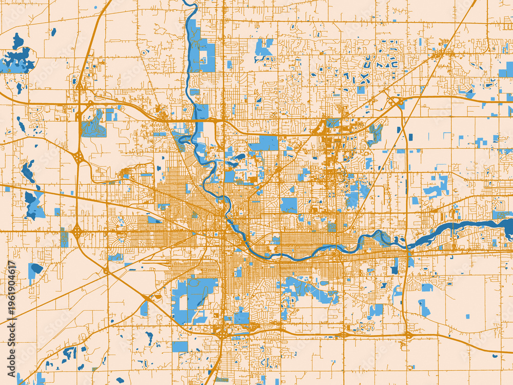 Fototapeta premium City layout poster — South Bend, Indiana – golden linework with blue water