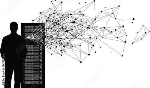 Businessman Standing Next to Server with Network Connections