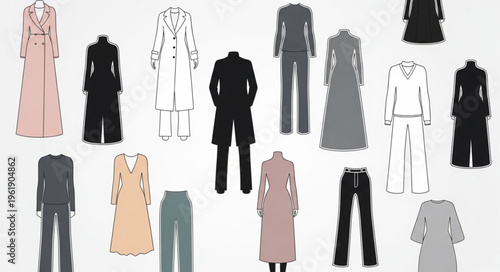 Collection of Fashionable Outfits - Dresses, Jumpsuits, and Coats in Various Styles.