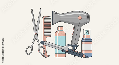 Assortment of hairdressing tools and products, including scissors, comb, hairdryer, curling iron, shampoo, and spray bottle, for styling needs.