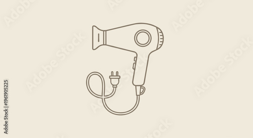 Minimalist outline illustration of a hair dryer with its electrical cord and plug, representing a common hair styling appliance.