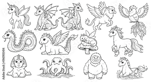 Set of black and white cartoon mythical creatures including unicorn, dragon, griffin, phoenix, sphinx.